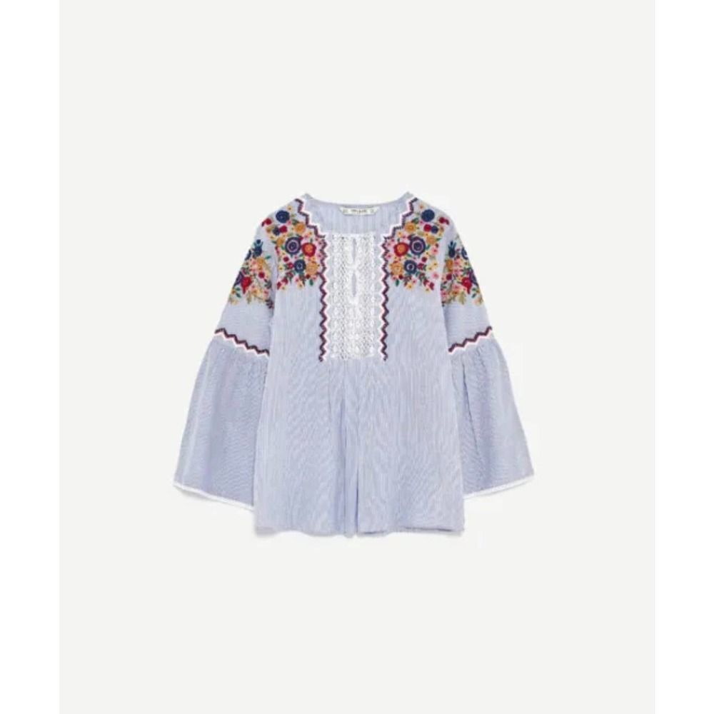 Zara Basic GUC Embroidered Striped Blouse Top Size XS - Picture 4 of 9